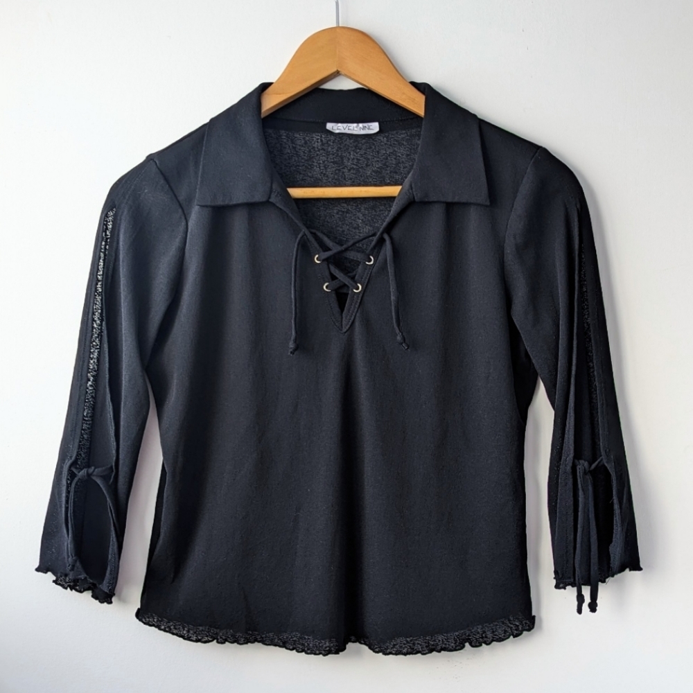 90s Flutter Sleeve Lace Up Collared Top Whimsigoth